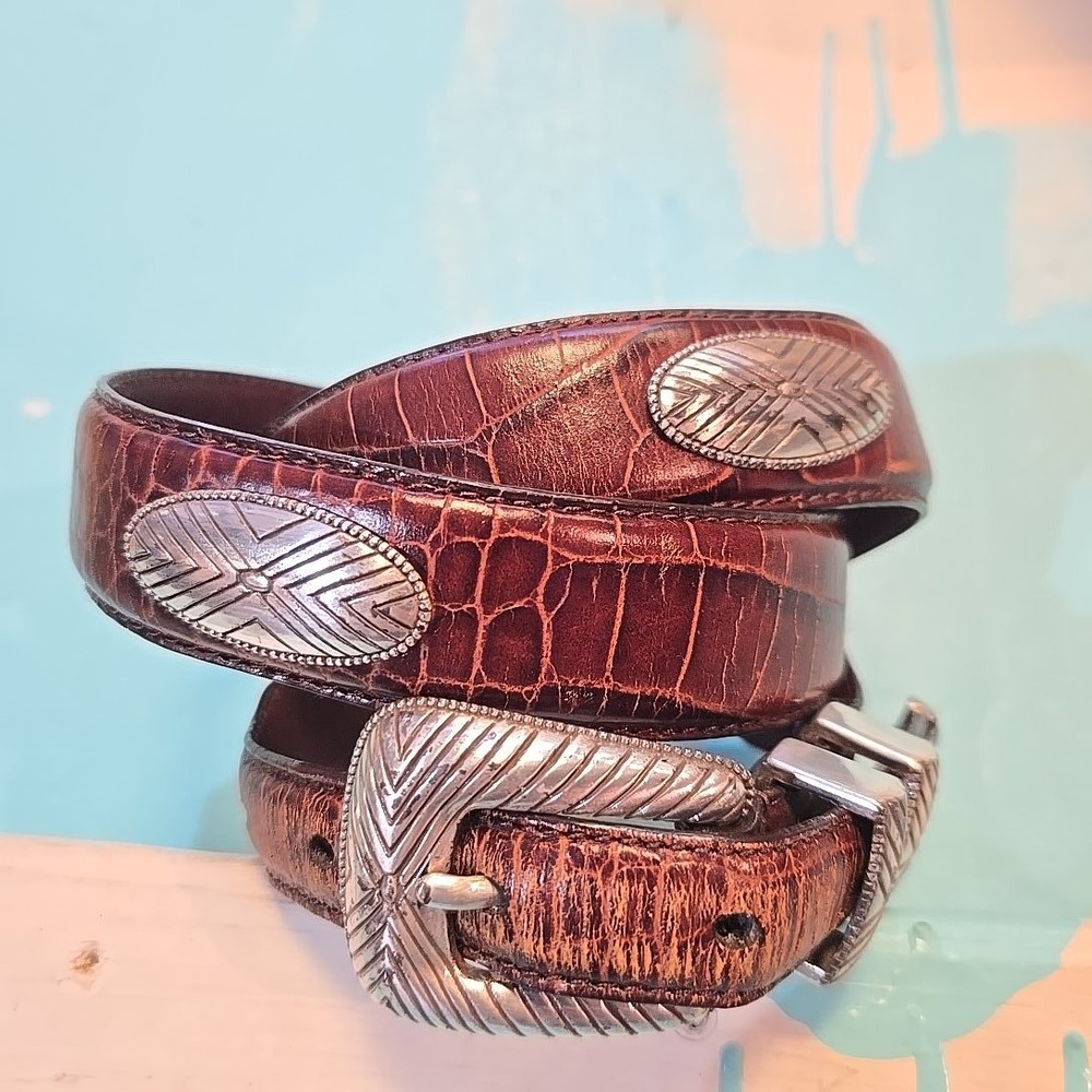 Roundtree & Yorke Brown Croc Concho Leather Belt Silver‎ Buckle Western Size 38